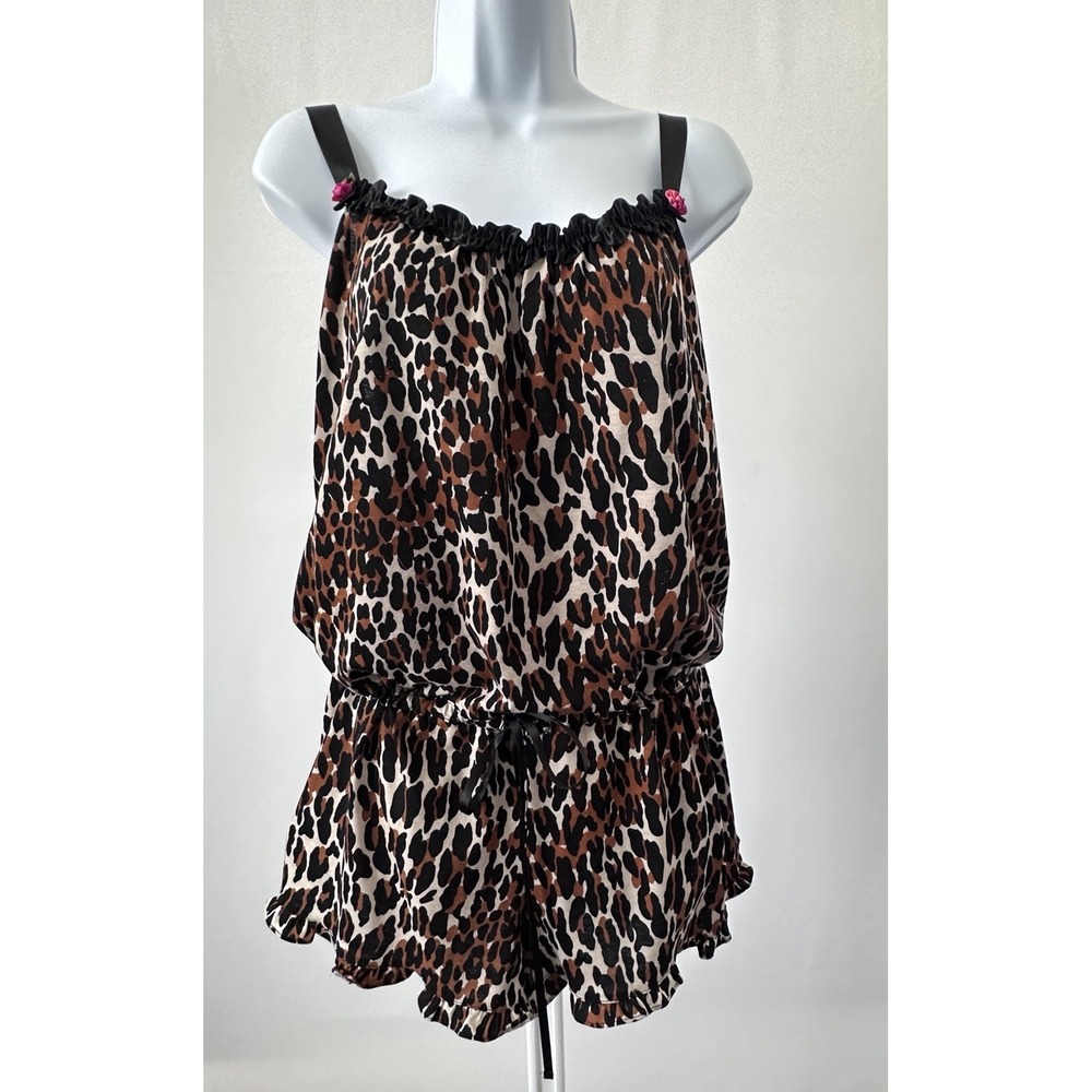 Y2K Slumber Party! Betsey Johnson Intimates Sz: L Leopard Rose Romper  (b54)